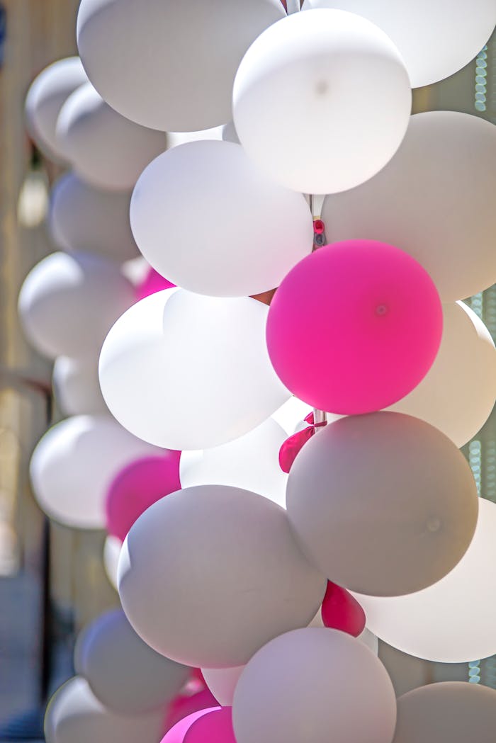 Colorful display of pink and white balloons creating a festive atmosphere.